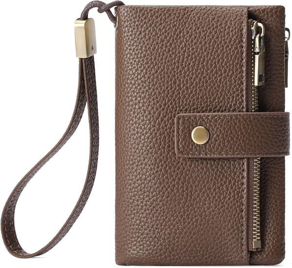Small Women's Wallet with RFID Blocking, Leather Wallet with 2 Zippers and Card Slots, Smooth and Practical Brown