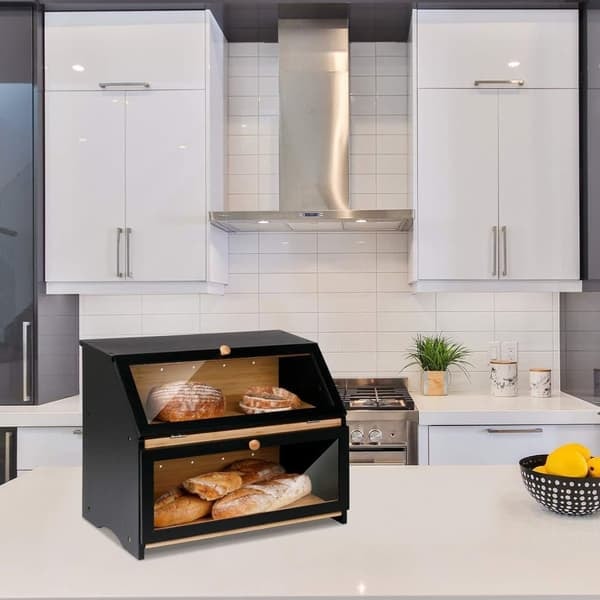 Double Wooden Bread Box for Kitchen Counter - Large Two-Tier Bread Storage with Spacious Design