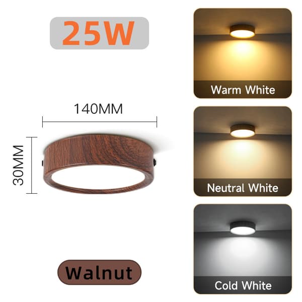 3-pak LED-loftslamper, 25W runde overflademonterede lamper, 3 farvetemperaturer, ultratynde, valnødfinish 25W