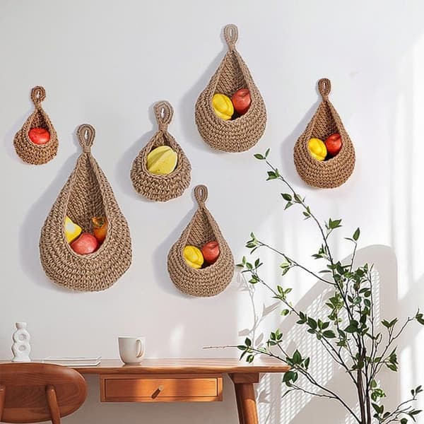 Handwoven Wall Mounted Storage Basket - For Vegetables & Fruit with Mesh Pocket 28×18cm
