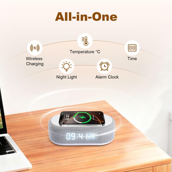 4-in-1 digitaalinen herätyskello langattomalla latausasemalla, LED-yövalolla ja lämpötilanäytöllä