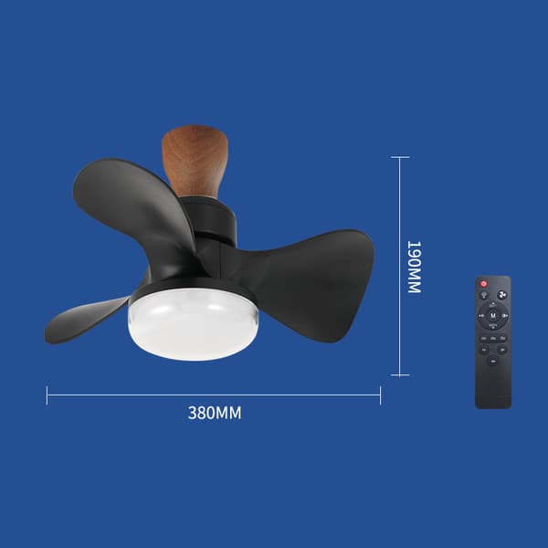 380x190mm Loftventilator med Lys - 30W, 3 Hastigheder, Fjernbetjening - Sort Black