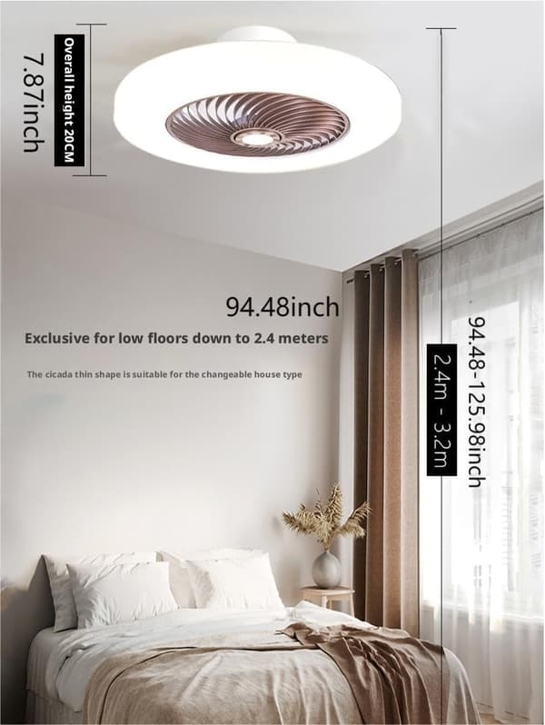 Modern bladeless ceiling fan with dimmable LED lighting, 6 speeds and remote control for the home White