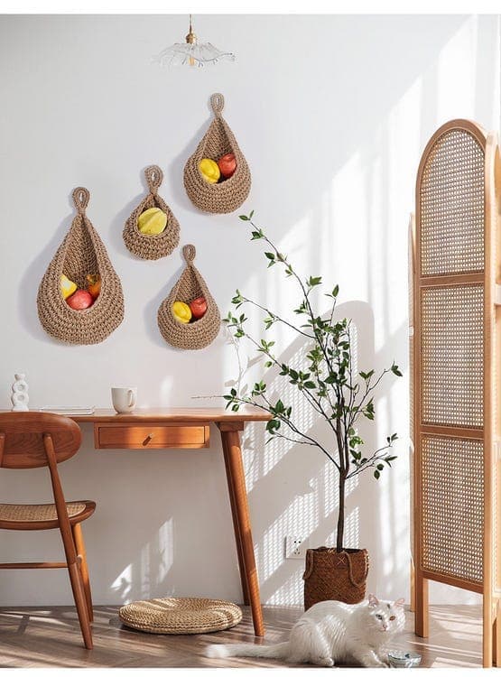 Handwoven Wall Mounted Storage Basket - For Vegetables & Fruit with Mesh Pocket 25×20cm