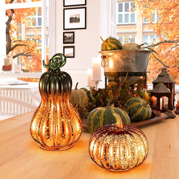 1/2-pak Halloween Græskarlamper i Glas med LED, Guld, Batteridrevne Dekorationslamper til Efterår og Hjem Green