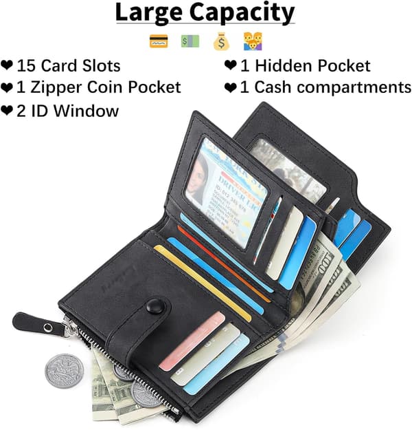 Leather Men's Wallet with RFID Blocking, 15 Card Slots and 2 ID Windows, Spacious Trifold Wallet Dark brown