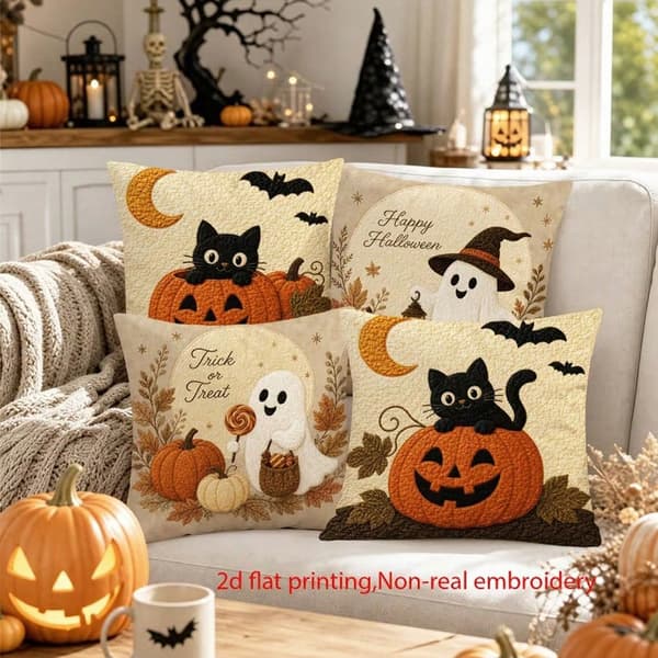 4-pak 45x45 cm pudebetræk - Kat & Halloween Retro Rustik Lynlås til Sofa Seng Style 2