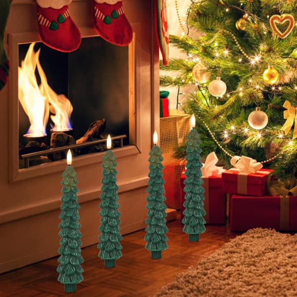 4-pack Green LED Christmas Tree Design Flameless Candles with Remote Control and Timer for Christmas Dinner and Home Decor 4-PACK