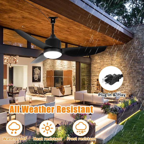 Ceiling fan with LED lighting 106/132 cm, remote control, dimmable, for patio and terrace, modern design Black 106cm