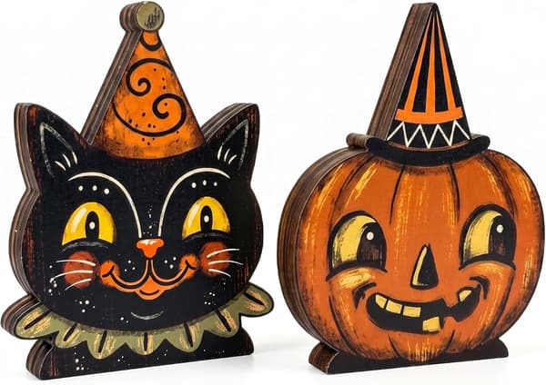 Træ Halloween Vægdekoration Panel - Sort Kat & Græskar Design til Indendørs Brug Style-A