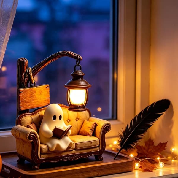 Ghost Lamp Halloween with a ghost reading on a sofa, decorative resin night light for table, shelf and bedroom
