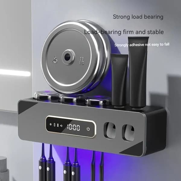 Automatic Toothpaste Dispenser & Toothbrush Holder – Wall-Mounted, Drill-Free Installation, USB Charging with Lithium Battery, Cleans Toothbrushes Black