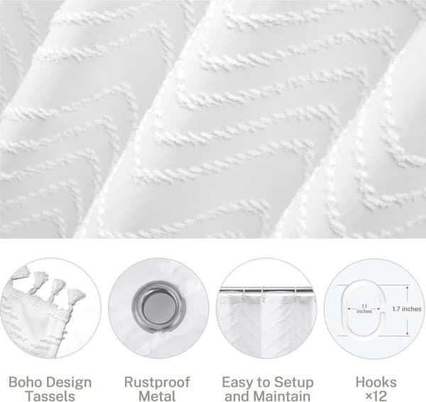Extra Long Shower Curtain in White - Boho Minimalist with Tassels & Chevron Pattern 91*183CM