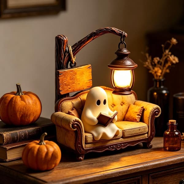 Ghost Lamp Halloween with a ghost reading on a sofa, decorative resin night light for table, shelf and bedroom