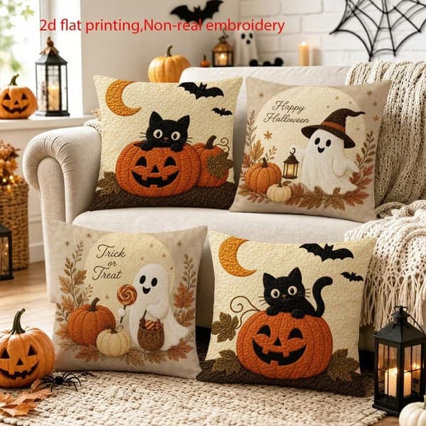 4-pak 45x45 cm pudebetræk - Kat & Halloween Retro Rustik Lynlås til Sofa Seng Style 2
