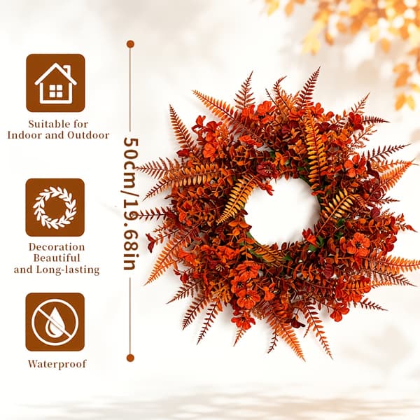 Konstgjord höstkrans med ormbunksblad, eukalyptusblad och höstblommor, ytterdörrsdekoration 1-pack