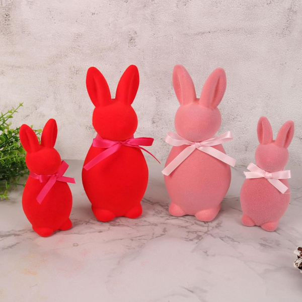 Easter Bunny Figurine Set 2-Pack – Flocked Easter Decoration 20cm & 14cm, Table Decoration for Easter and Spring Home Red 2pcs