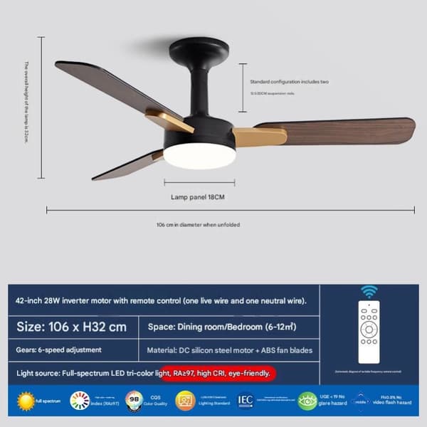 LED Loftventilator 106cm med Fjernbetjening, Dæmpbart Lys, 6 Hastigheder, Timerfunktion, Loftventilatorlampe til Stue