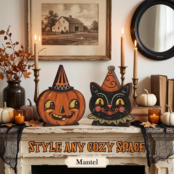 Træ Halloween Vægdekoration Panel - Sort Kat & Græskar Design til Indendørs Brug Style-A