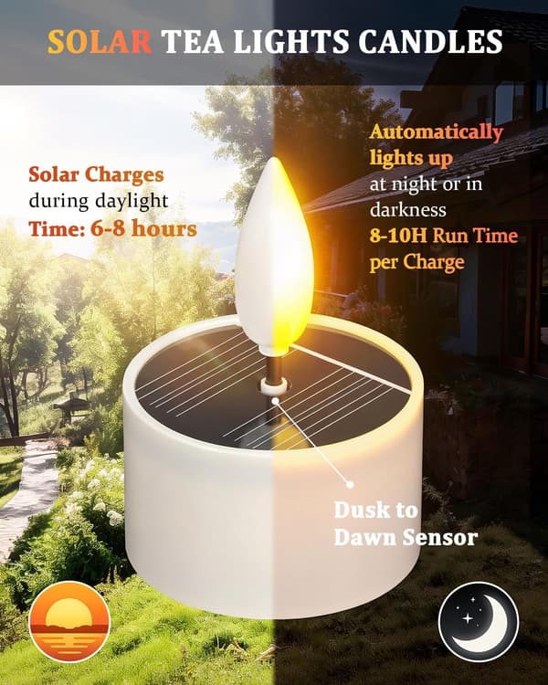 6/12-pack Solar Powered LED Lights with Flickering Flame, Waterproof Tealights for Lanterns, Garden, Patio, and Decoration 6pcs