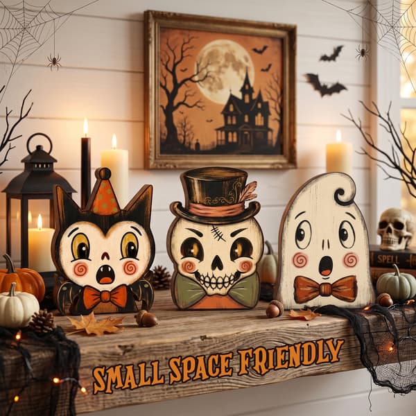Træ Halloween Vægdekoration Panel - Spøgelse, Flagermus & Skelet Design til Indendørs Brug Style-B