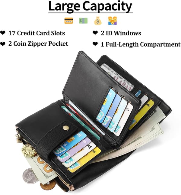 Small Women's Wallet with RFID Blocking, Leather Wallet with 2 Zippers and Card Slots, Smooth and Practical Black