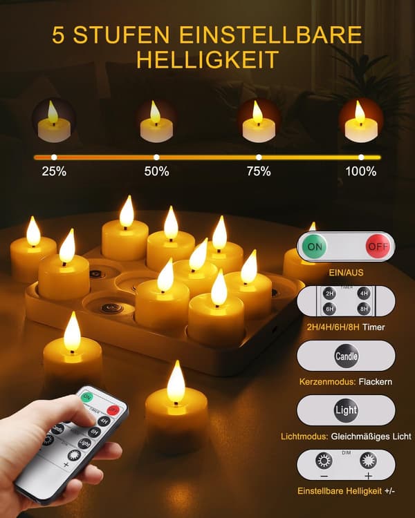 Flameless LED Lights 12-pack, Rechargeable LED Lights with Flame Effect, Timer, Magnetic Charging Station and Remote Control B