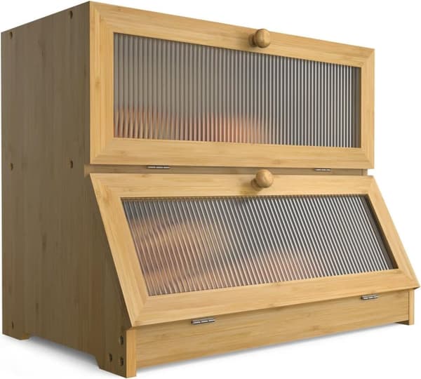 Double Wooden Bread Box for Kitchen Counter - Large Two-Tier Bread Storage with Spacious Design Yellow