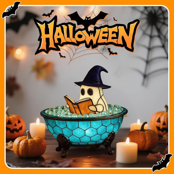 Ghost Lamp Halloween with Reading Ghost, Bubble Bath and Book, Decorative LED Lamp, USB or Battery Version for Table and Shelf USB