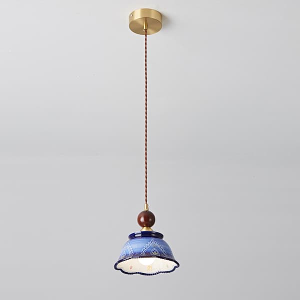 Pendellampe, blomsterkeramisk skjerm, fransk retro boho-stil, blå, E27-sokkel, varmt lys