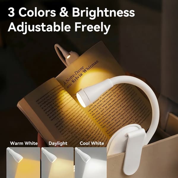 LED Book Light with Clip, Rechargeable, 3 Color Temperatures and Stepless Dimming for Reading in Bed and on the Go White 1-PACK