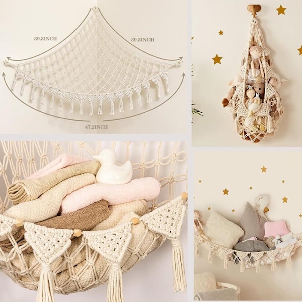 Boho Macramé Net/Hængekøje til udstoppede dyr - Legetøjsopbevaring af udstoppede dyr hvid 2 Pack