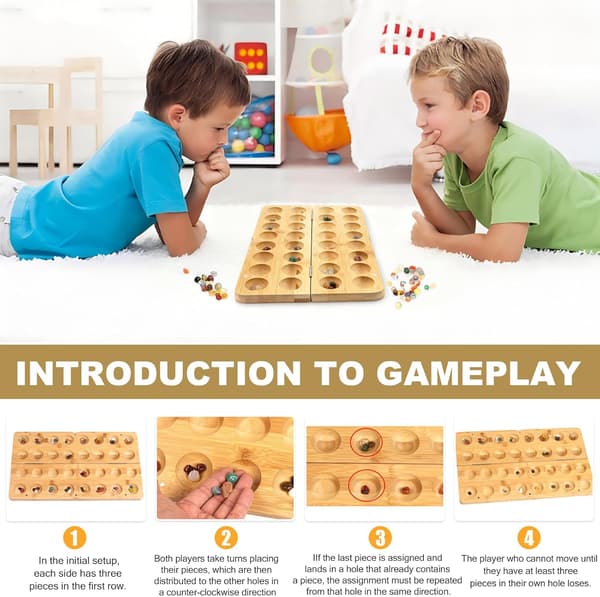 Kalaha træbrætspil med 65 sten, klassisk Mancala strategispil for børn og voksne