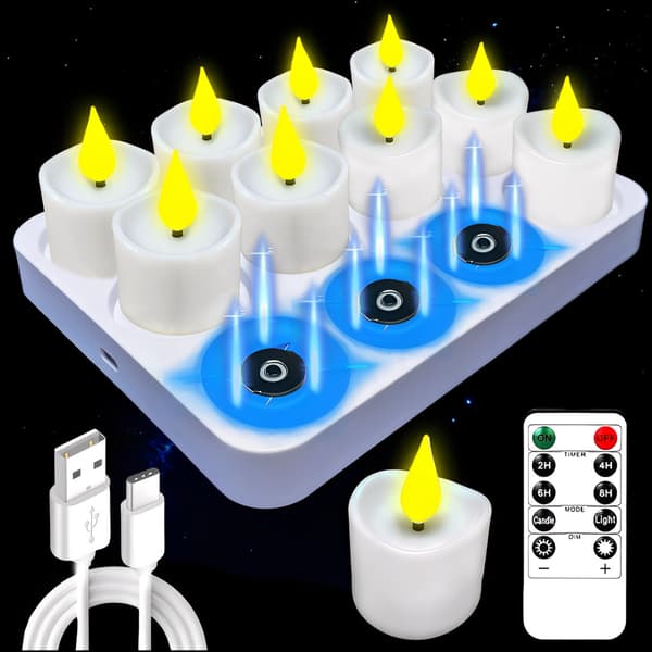 Flameless LED Lights 12-pack, Rechargeable LED Lights with Flame Effect, Timer, Magnetic Charging Station and Remote Control A