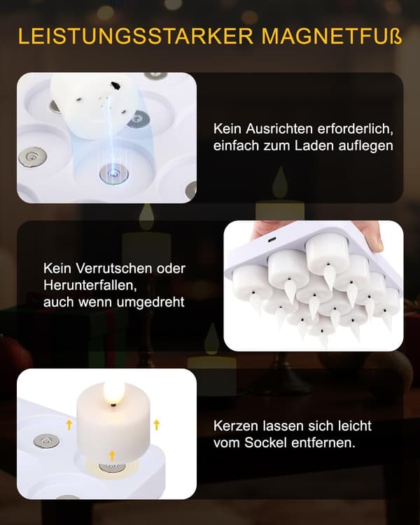 Flameless LED Lights 12-pack, Rechargeable LED Lights with Flame Effect, Timer, Magnetic Charging Station and Remote Control A