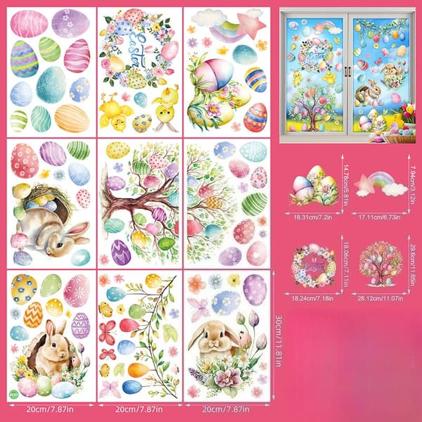 Window Stickers Easter 9 Sheets – Easter Decoration Window Decor with Rabbit, Chick & Egg for Kids' Room & Home F11