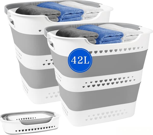 Laundry Basket 42 L, Foldable Laundry Hamper with Handles, Lightweight and Space-Saving for Home and Dorm Light grey 2 Pack