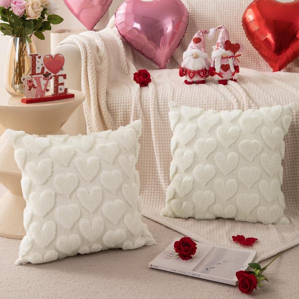 2-pak Pudebetræk 45x45 cm til Valentinsdag – Hjerter, Bløde Plys Jacquard Pudebetræk til Sofa og Soveværelse hvid