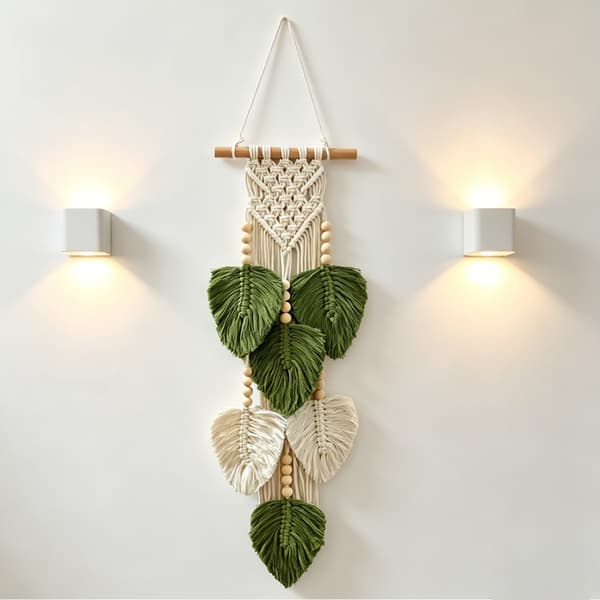 Boho Makramé Veggdekorasjon, Blad- og Treperledekor, Grønn og Hvit, 20 x 63 cm
