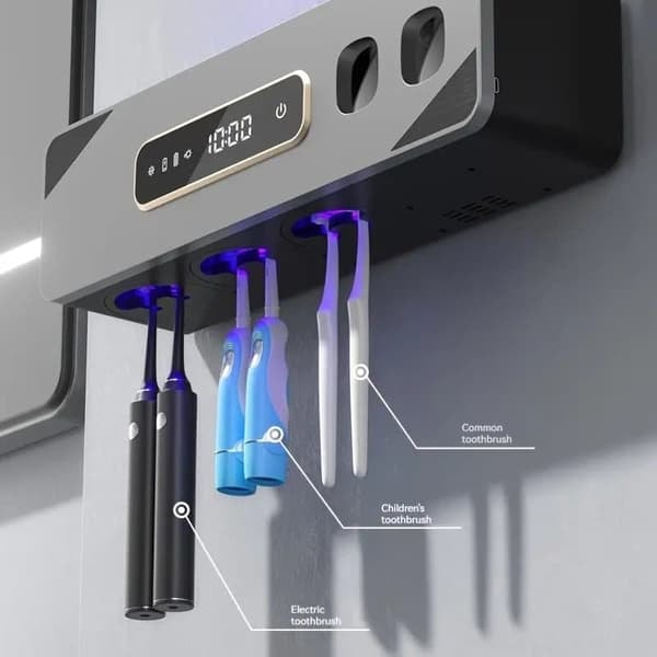 Automatic Toothpaste Dispenser & Toothbrush Holder – Wall-Mounted, Drill-Free Installation, USB Charging with Lithium Battery, Cleans Toothbrushes Black