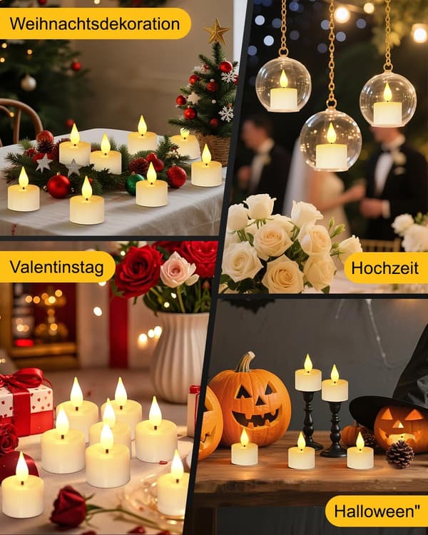 Flameless LED Lights 12-pack, Rechargeable LED Lights with Flame Effect, Timer, Magnetic Charging Station and Remote Control A