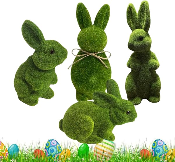 Easter Bunny Decoration 4-Pack – Flocked Rabbit Figurines Green, Easter Decor for Garden, Table & Spring Home Decoration