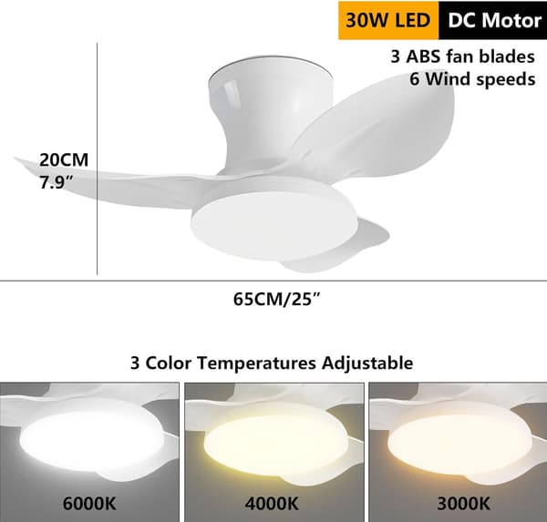 Ceiling fan with LED lighting, ABS blades and remote control, quiet ceiling fan for dining room and bedroom White 65cm
