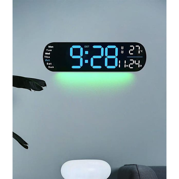 LED digital väggklocka – med temperatur, datum blå