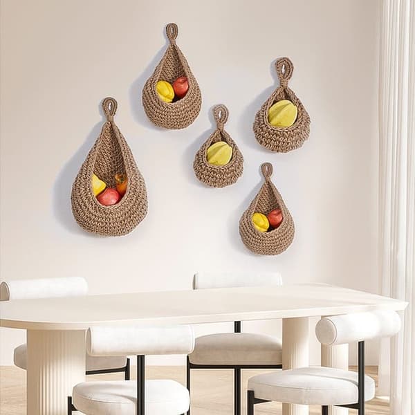 Handwoven Wall Mounted Storage Basket - For Vegetables & Fruit with Mesh Pocket 20×14cm