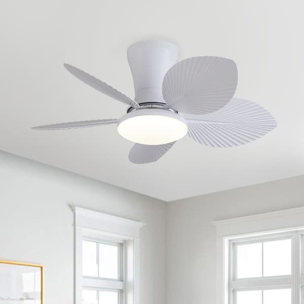 Tropical Ceiling Fan 30 inch with LED Lighting, Palm Leaf Design and Remote Control for Smaller Rooms White