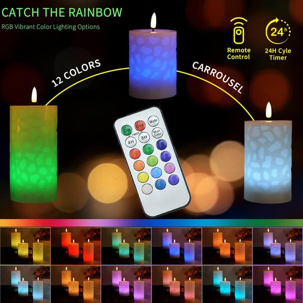 3-pack Flameless LED Candles with Color-Changing Lighting, 3D Flickering Flame, Remote Control, and Real Wax
