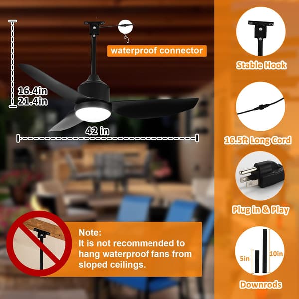 Ceiling fan with LED lighting 106/132 cm, remote control, dimmable, for patio and terrace, modern design Black 106cm
