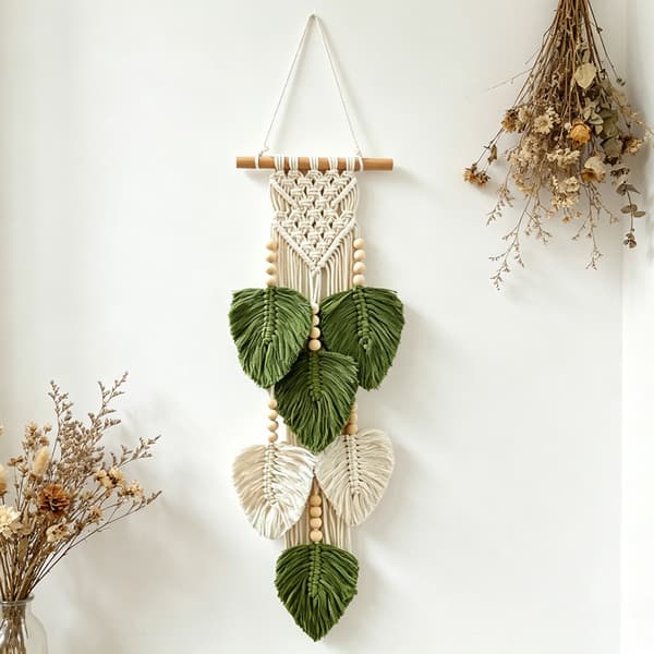 Boho Makramee-seinävaate, lehti- ja puuhelmikoriste, vihreä ja valkoinen, 20 x 63 cm