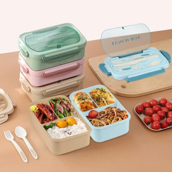 Lunchlåda med 3 Fack & Bestick – 1000 ml BPA-fri Matlåda, Mikrovågssäker & Läckagesäker grön